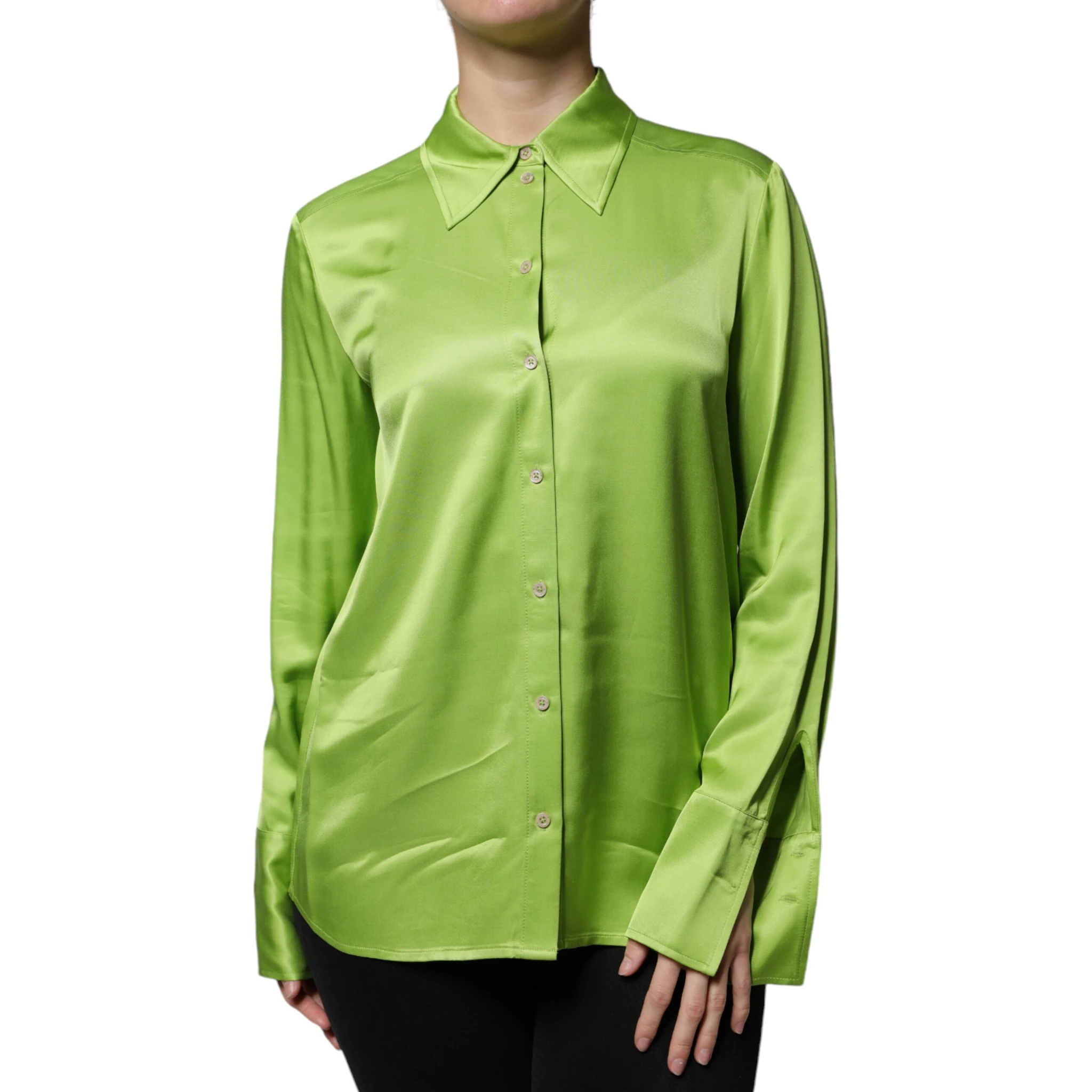 Green Viscose Long Sleeves Collared Blouse Top