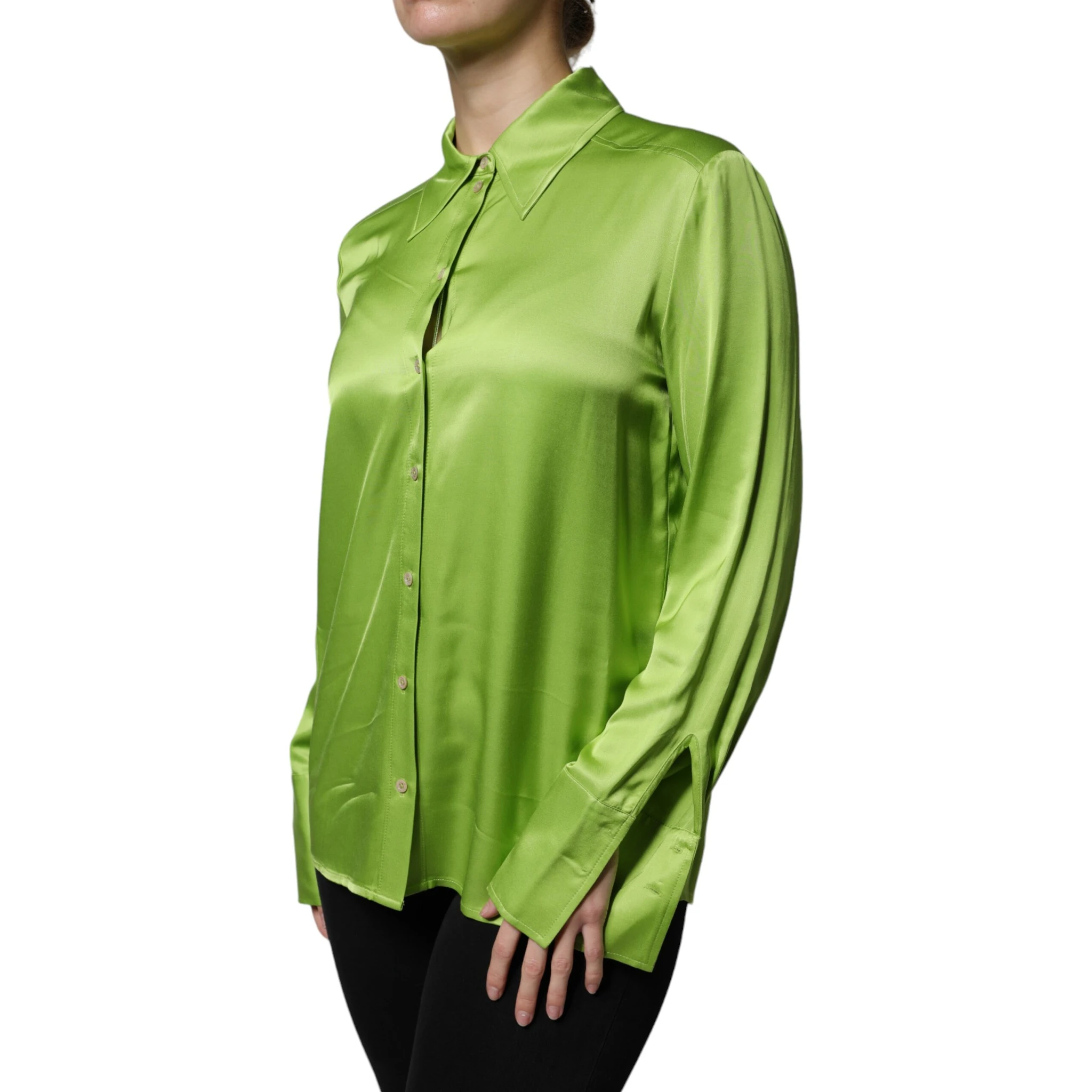 Green Viscose Long Sleeves Collared Blouse Top
