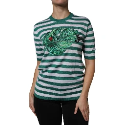 White Green Stripe Leaf Crew Neck T-shirt