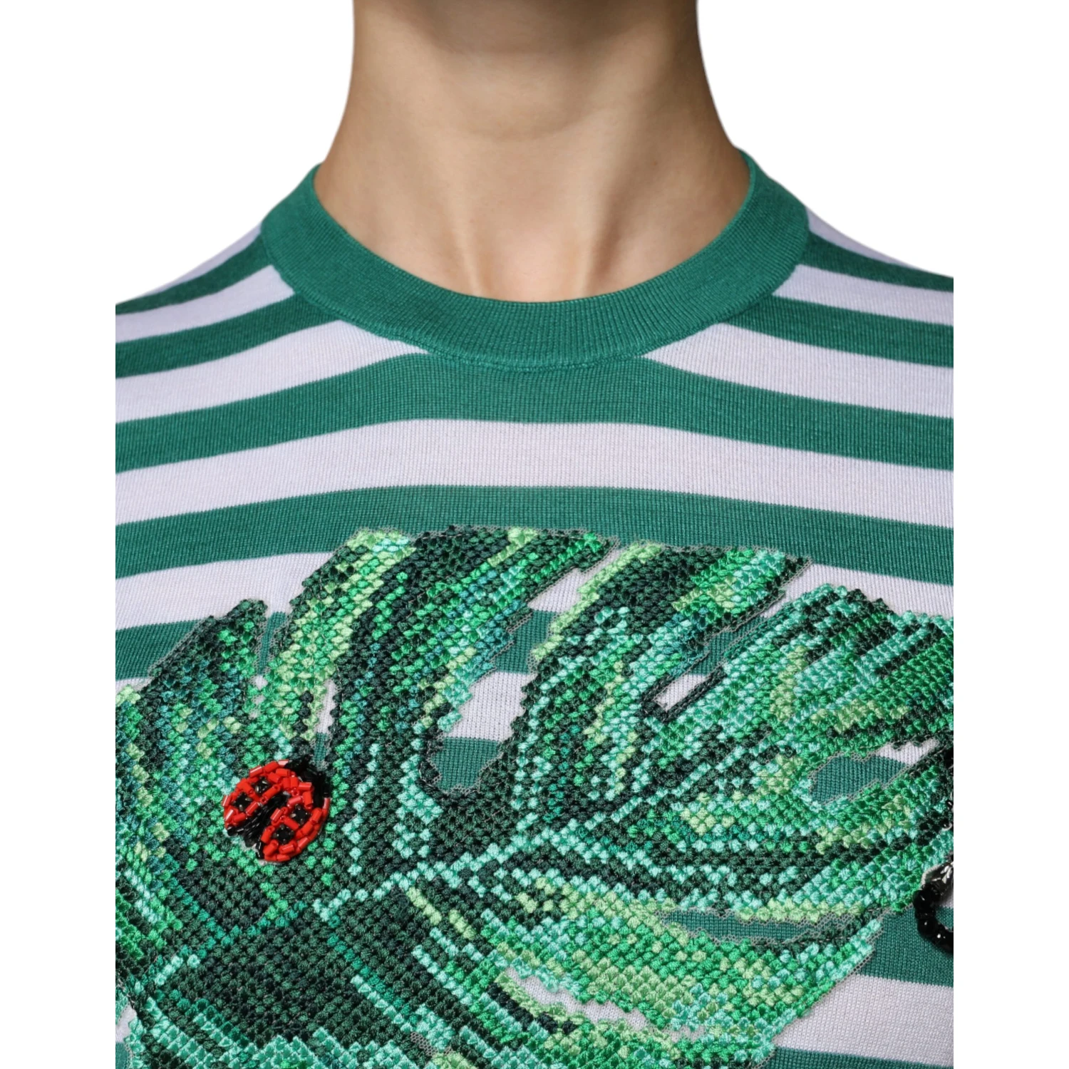 White Green Stripe Leaf Crew Neck T-shirt