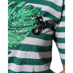White Green Stripe Leaf Crew Neck T-shirt
