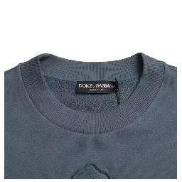 Blue Cotton Logo Patch Crew Neck Men Pullover Sweater