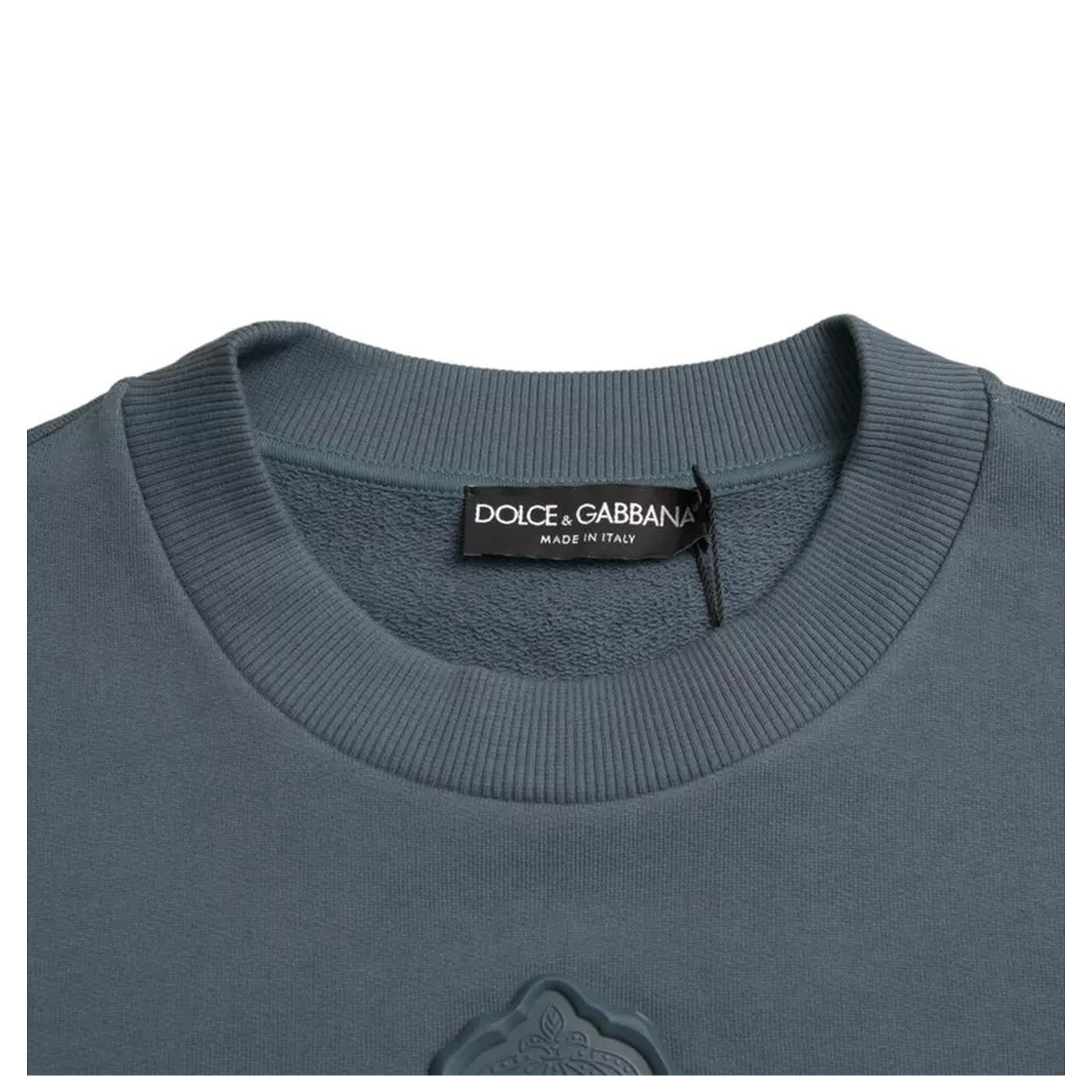 Blue Cotton Logo Patch Crew Neck Men Pullover Sweater