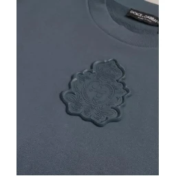 Blue Cotton Logo Patch Crew Neck Men Pullover Sweater