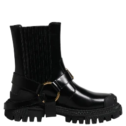 Black Leather Slip On Stretch Trekking Boots Shoes