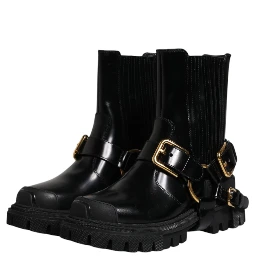 Black Leather Slip On Stretch Trekking Boots Shoes