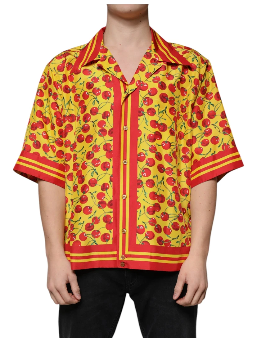 Yellow Cherry Button Down Silk Casual Shirt