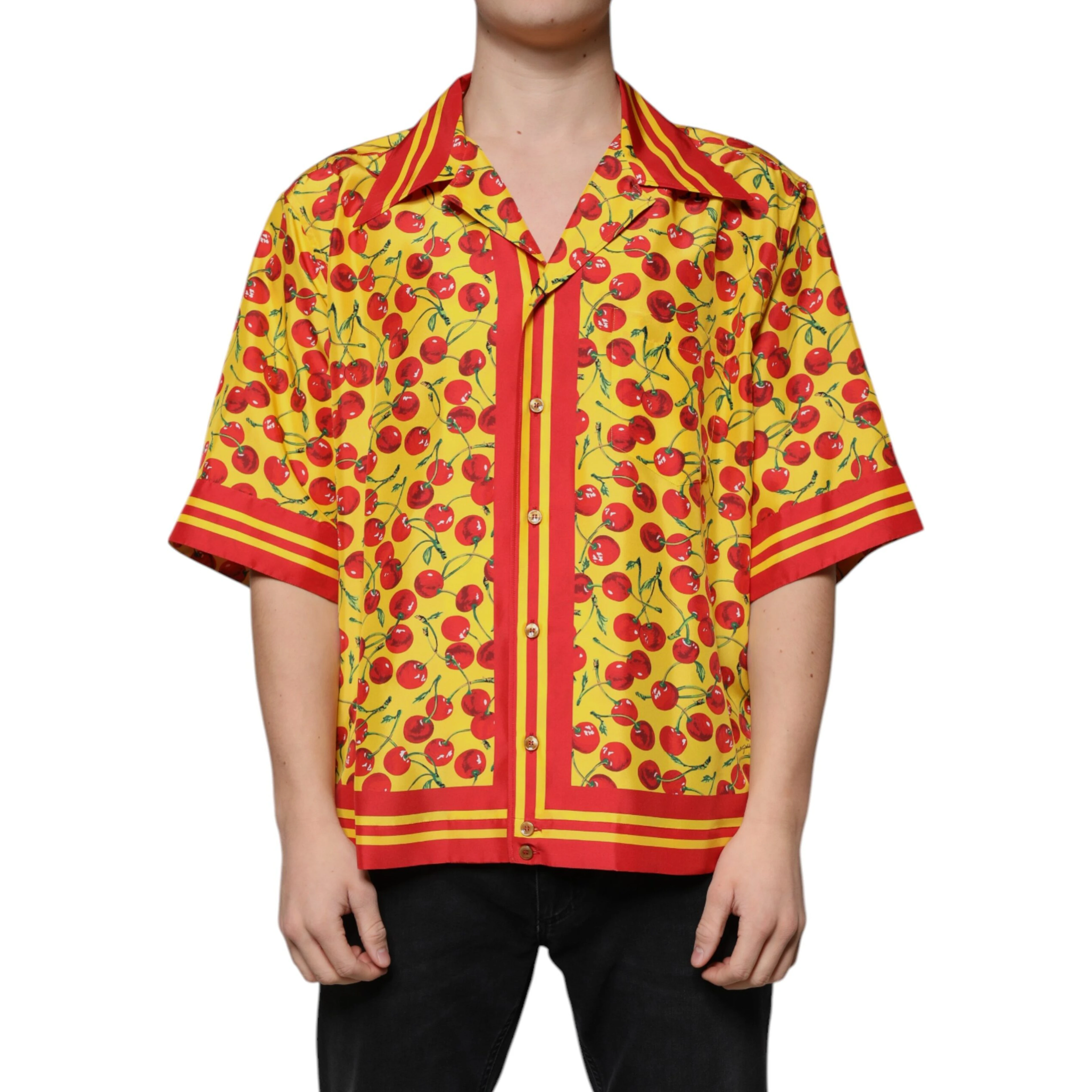 Yellow Cherry Button Down Silk Casual Shirt