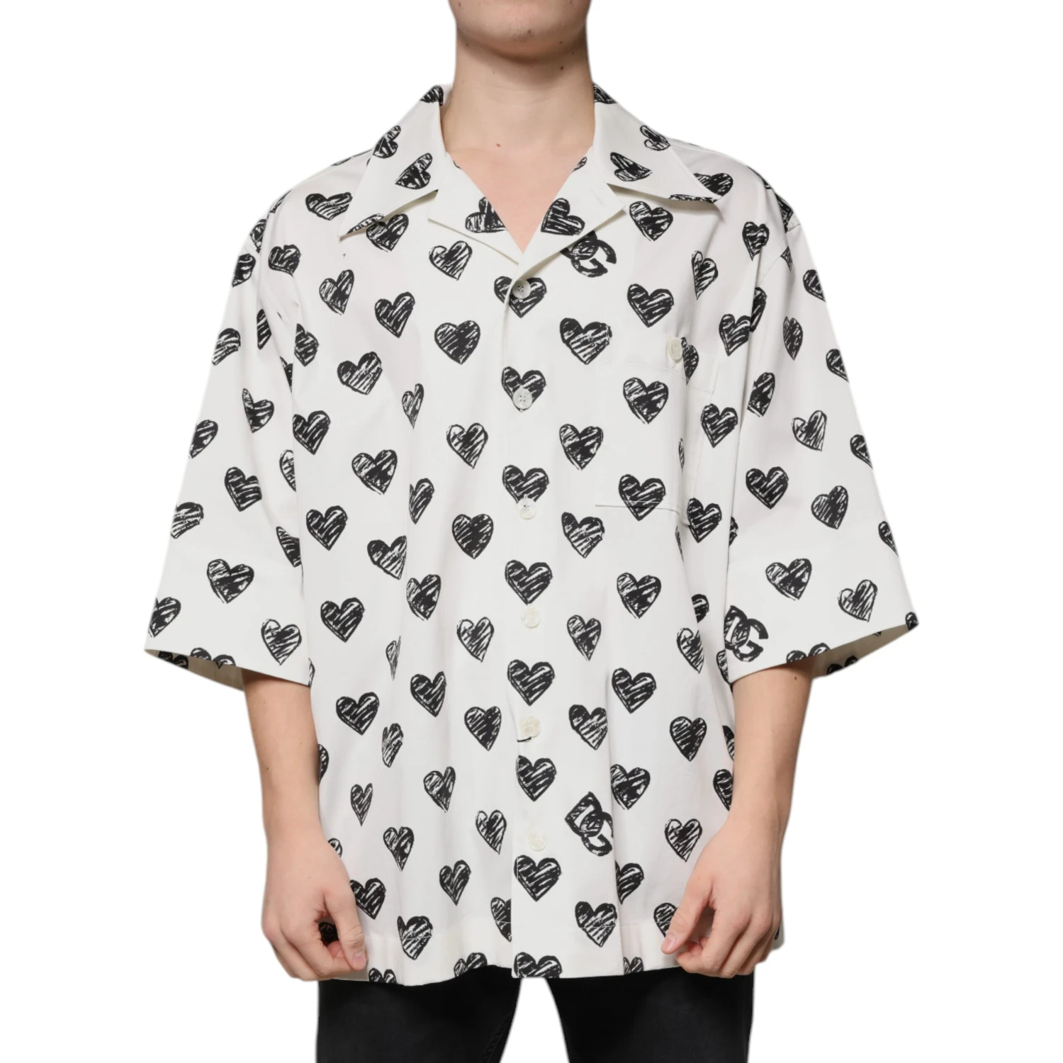 White Heart Print Short Sleeve Casual Shirt