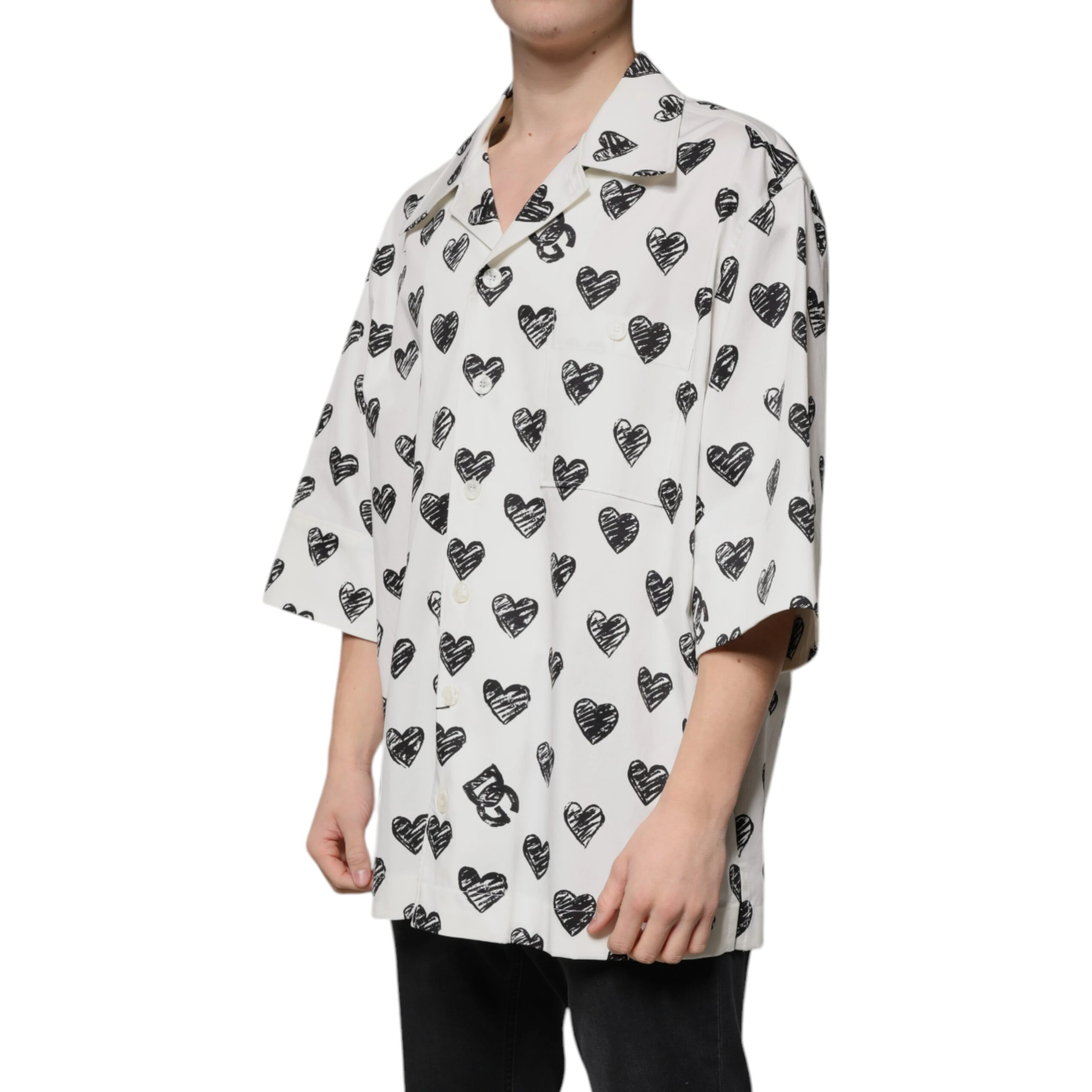 White Heart Print Short Sleeve Casual Shirt