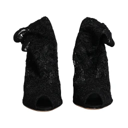 Black Lace Stretch Heels Mid Calf Boots Shoes