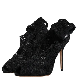 Black Lace Stretch Heels Mid Calf Boots Shoes