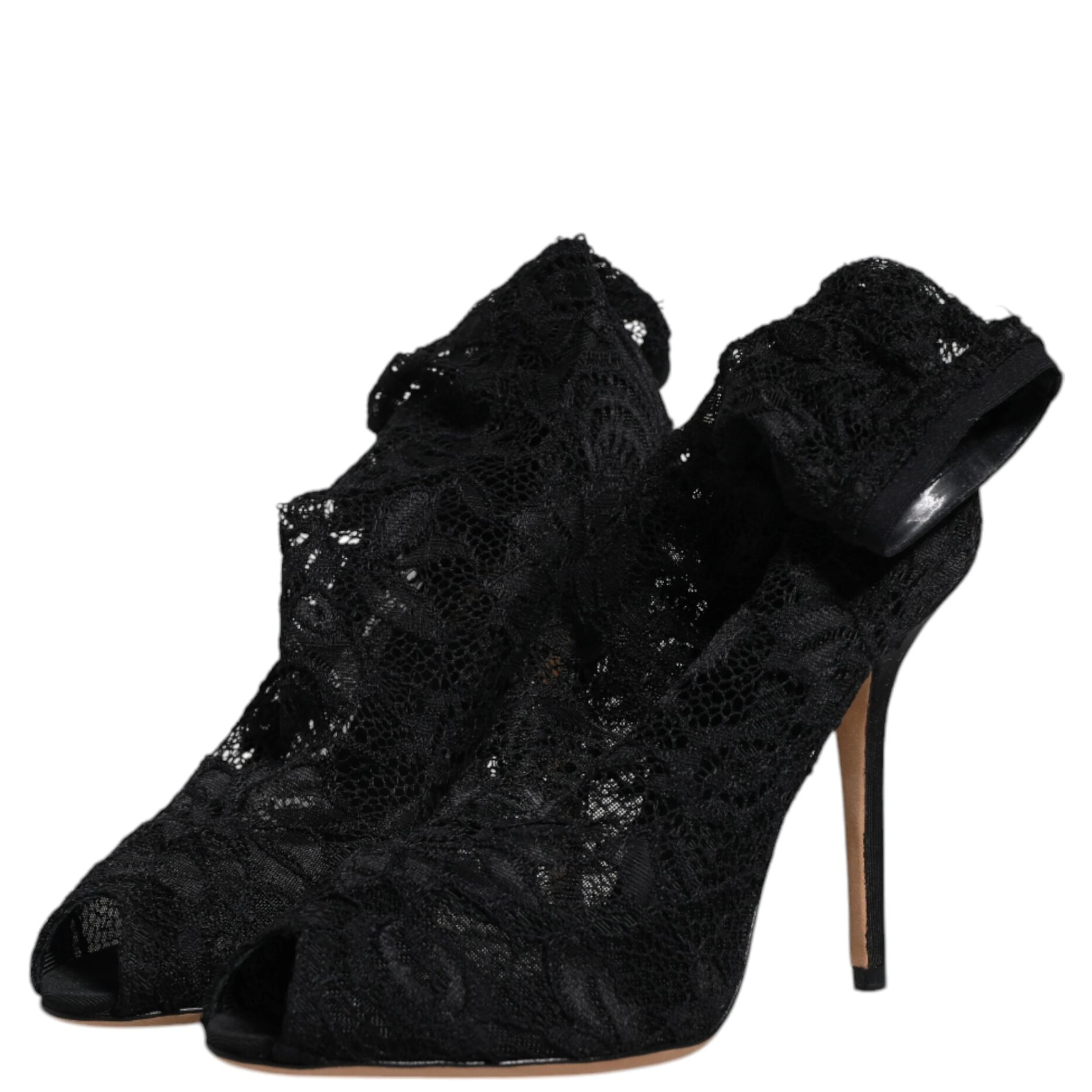 Black Lace Stretch Heels Mid Calf Boots Shoes