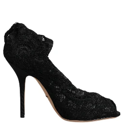 Black Lace Stretch Heels Mid Calf Boots Shoes