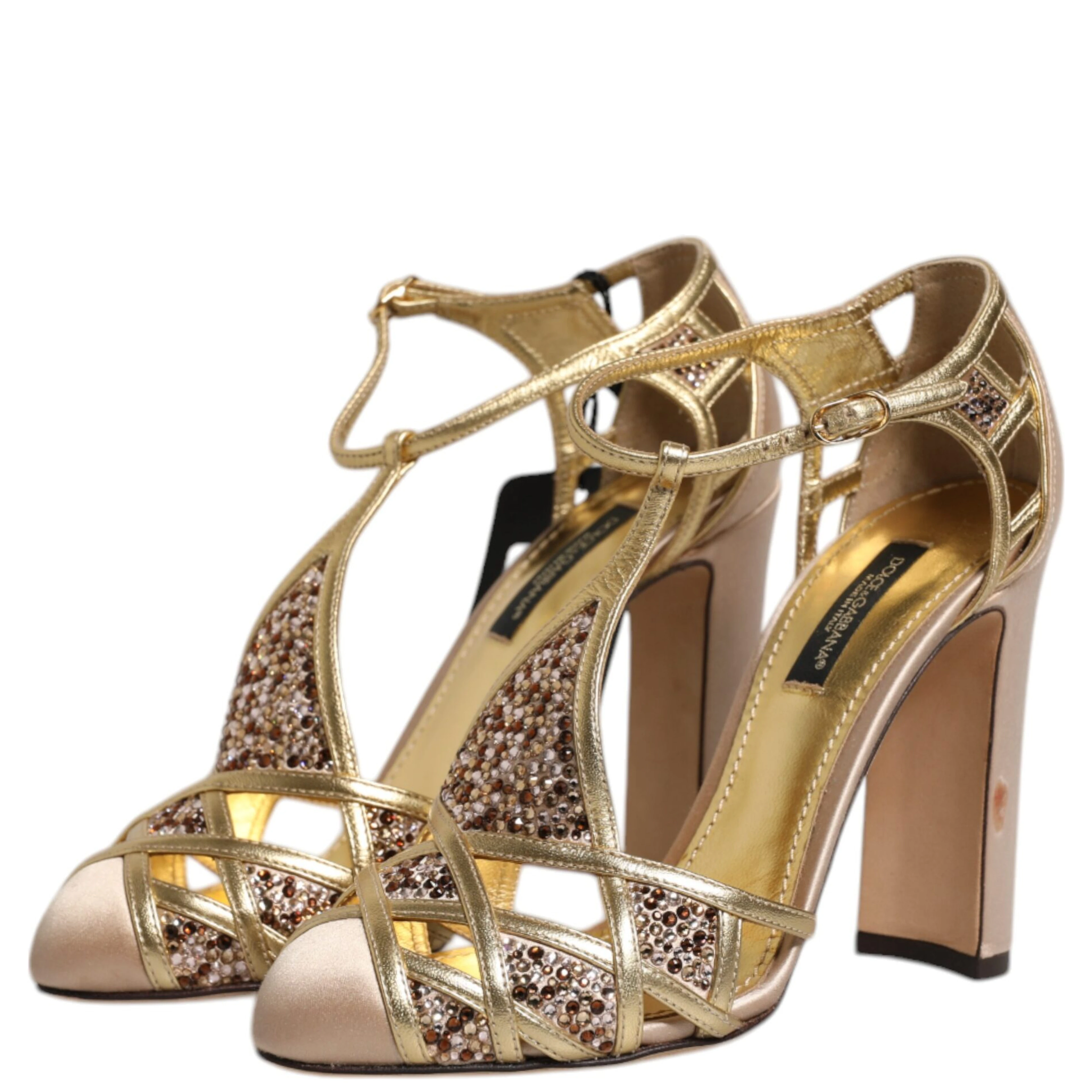Beige Crystal Embellished Satin Leather Pumps Shoes