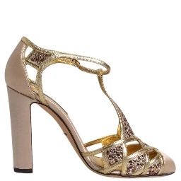 Beige Crystal Embellished Satin Leather Pumps Shoes