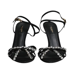 Black Leather Crystal Bow KEIRA Sandals Shoes