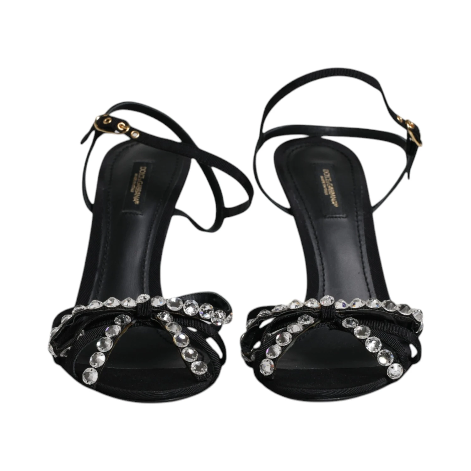 Black Leather Crystal Bow KEIRA Sandals Shoes