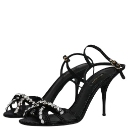 Black Leather Crystal Bow KEIRA Sandals Shoes