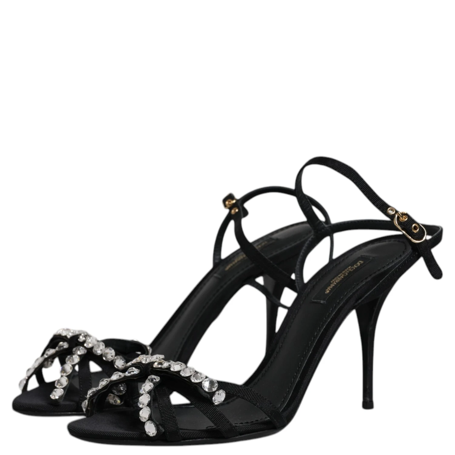 Black Leather Crystal Bow KEIRA Sandals Shoes