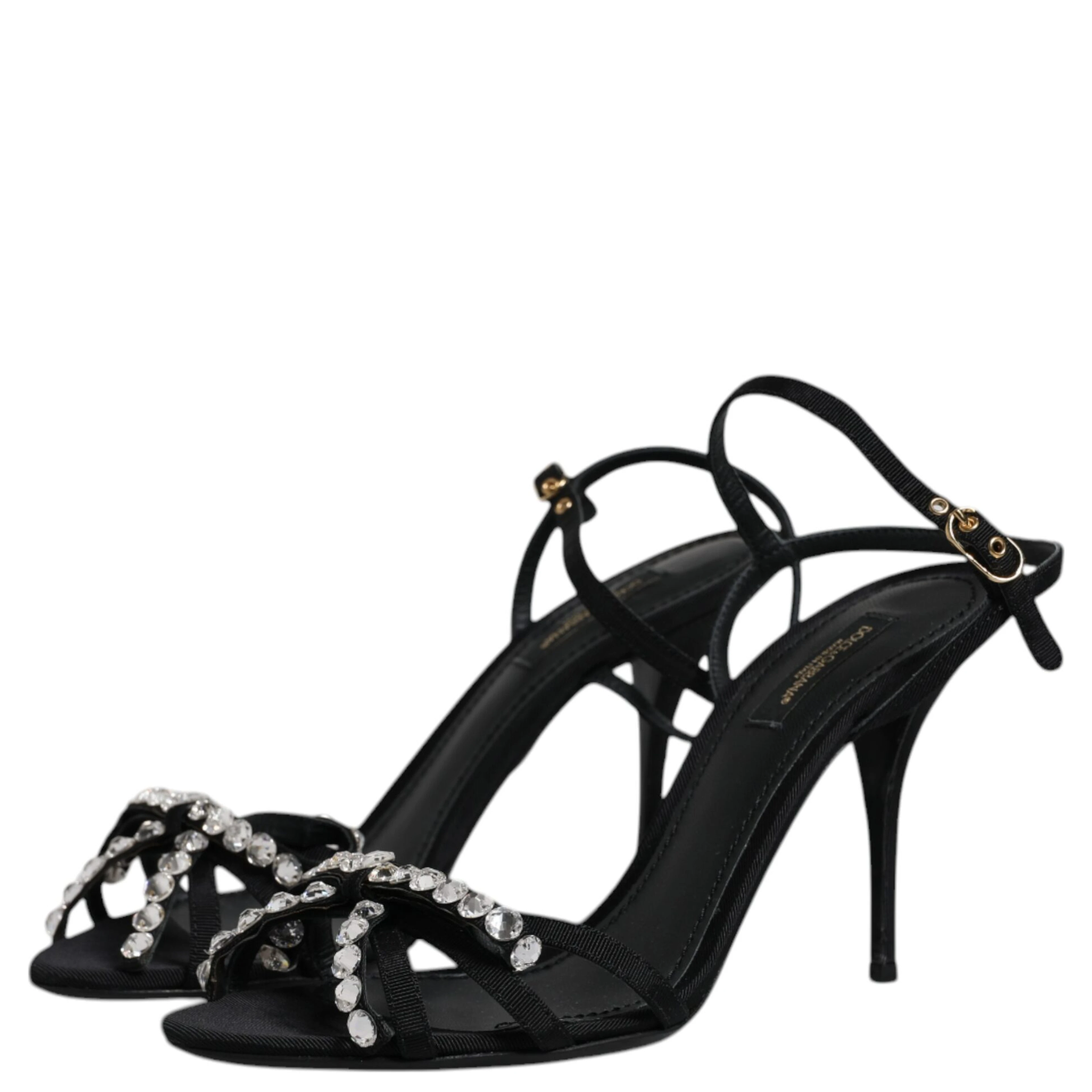 Black Leather Crystal Bow KEIRA Sandals Shoes