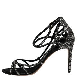 Black Strass Ankle Strap Heels Sandals Shoes
