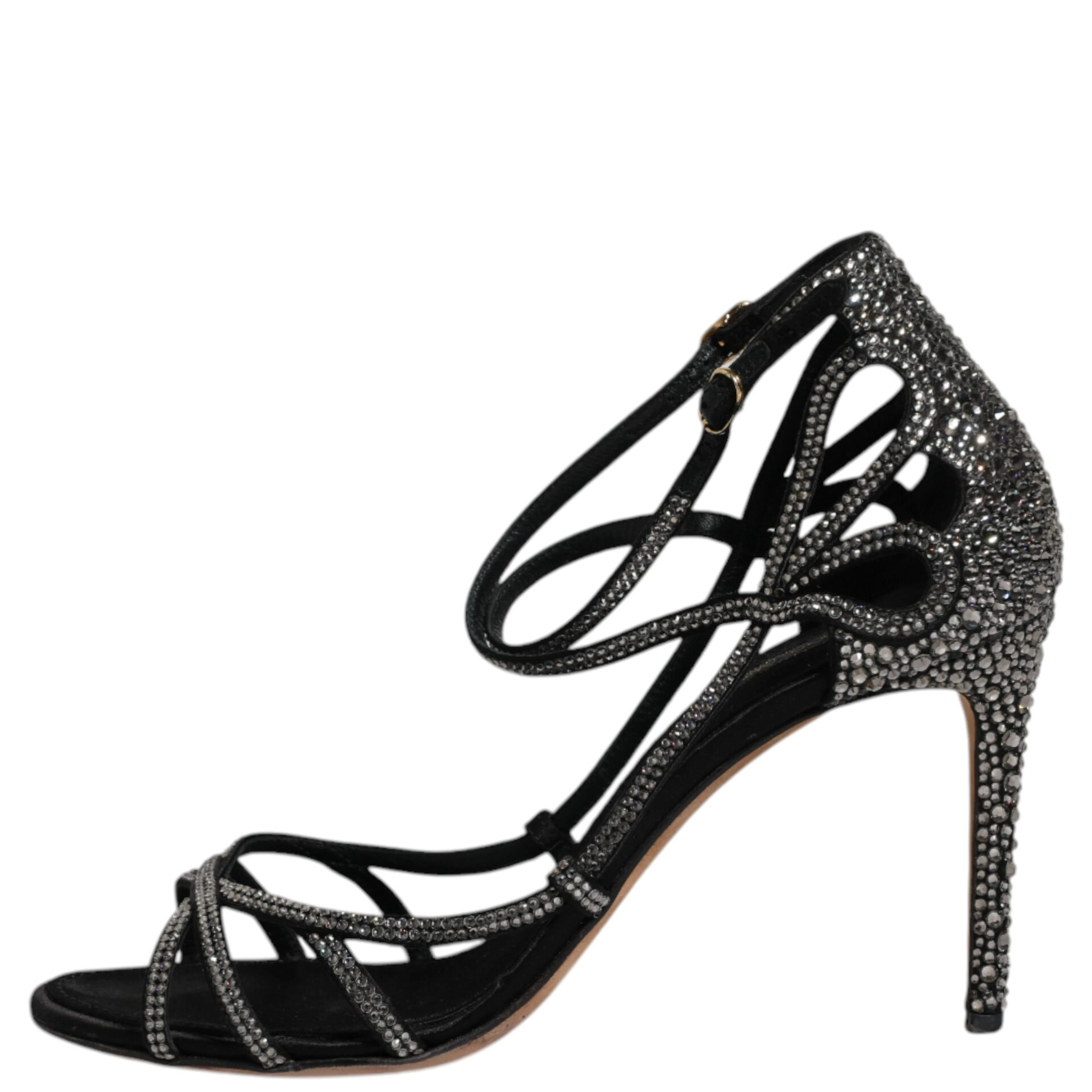 Black Strass Ankle Strap Heels Sandals Shoes