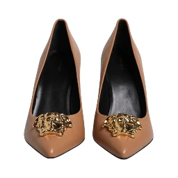 Brown Leather Logo Plaque High Heels Pumps Shoes