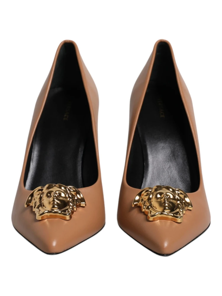 Brown Leather Logo Plaque High Heels Pumps Shoes alternative