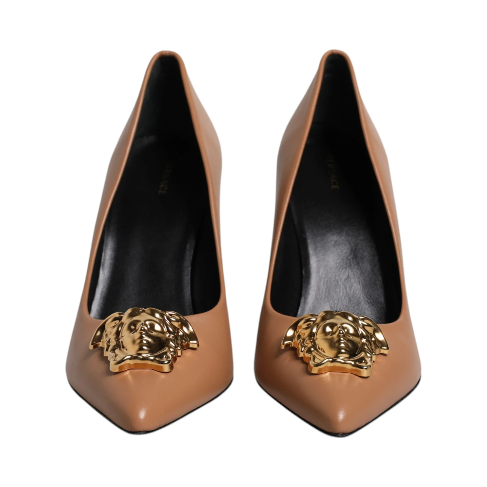 Brown Leather Logo Plaque High Heels Pumps Shoes