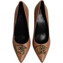 Brown Leather Logo Plaque High Heels Pumps Shoes