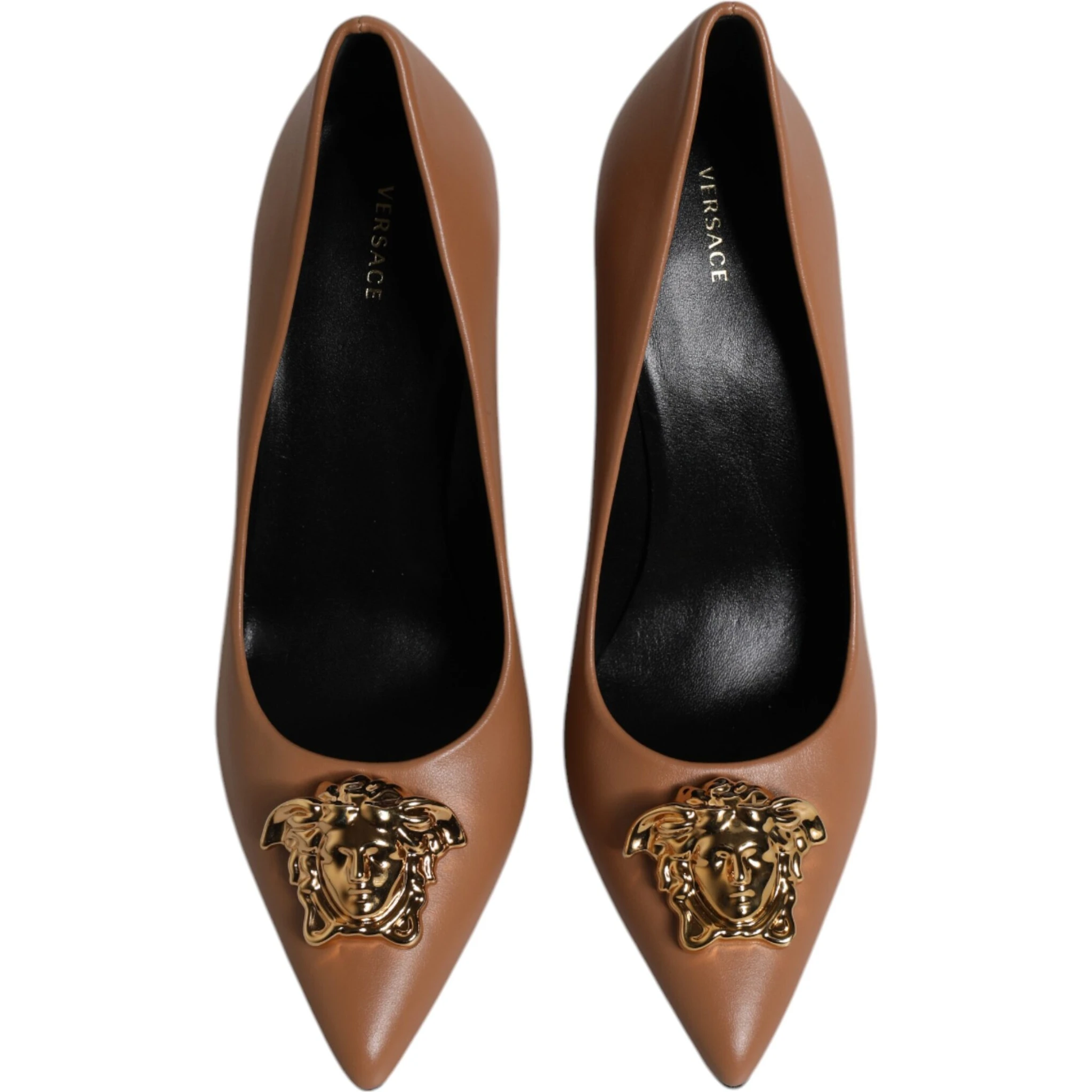 Brown Leather Logo Plaque High Heels Pumps Shoes