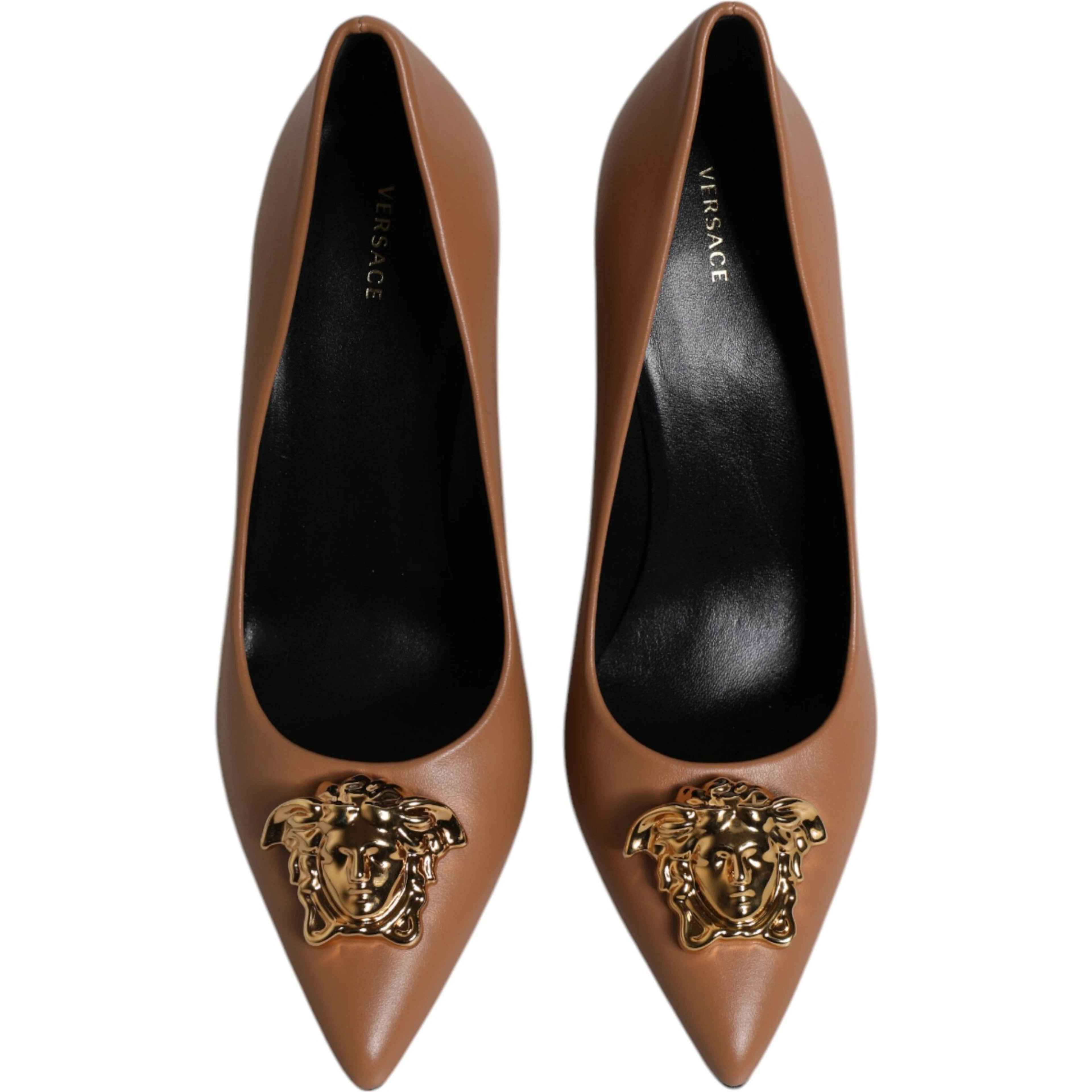 Brown Leather Logo Plaque High Heels Pumps Shoes