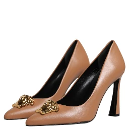 Brown Leather Logo Plaque High Heels Pumps Shoes