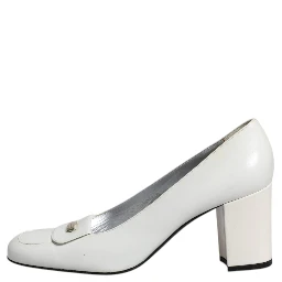 White Leather Block Heels Pumps Shoes