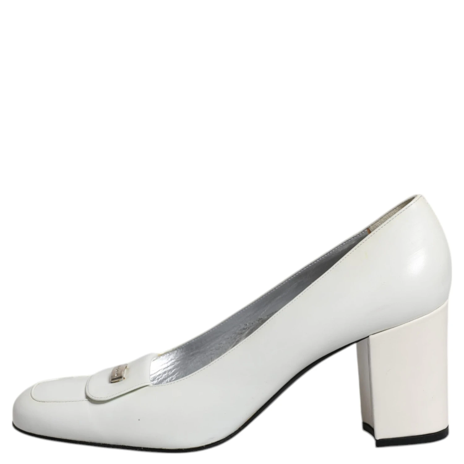 White Leather Block Heels Pumps Shoes