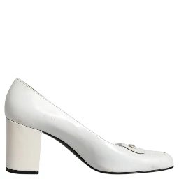 White Leather Block Heels Pumps Shoes