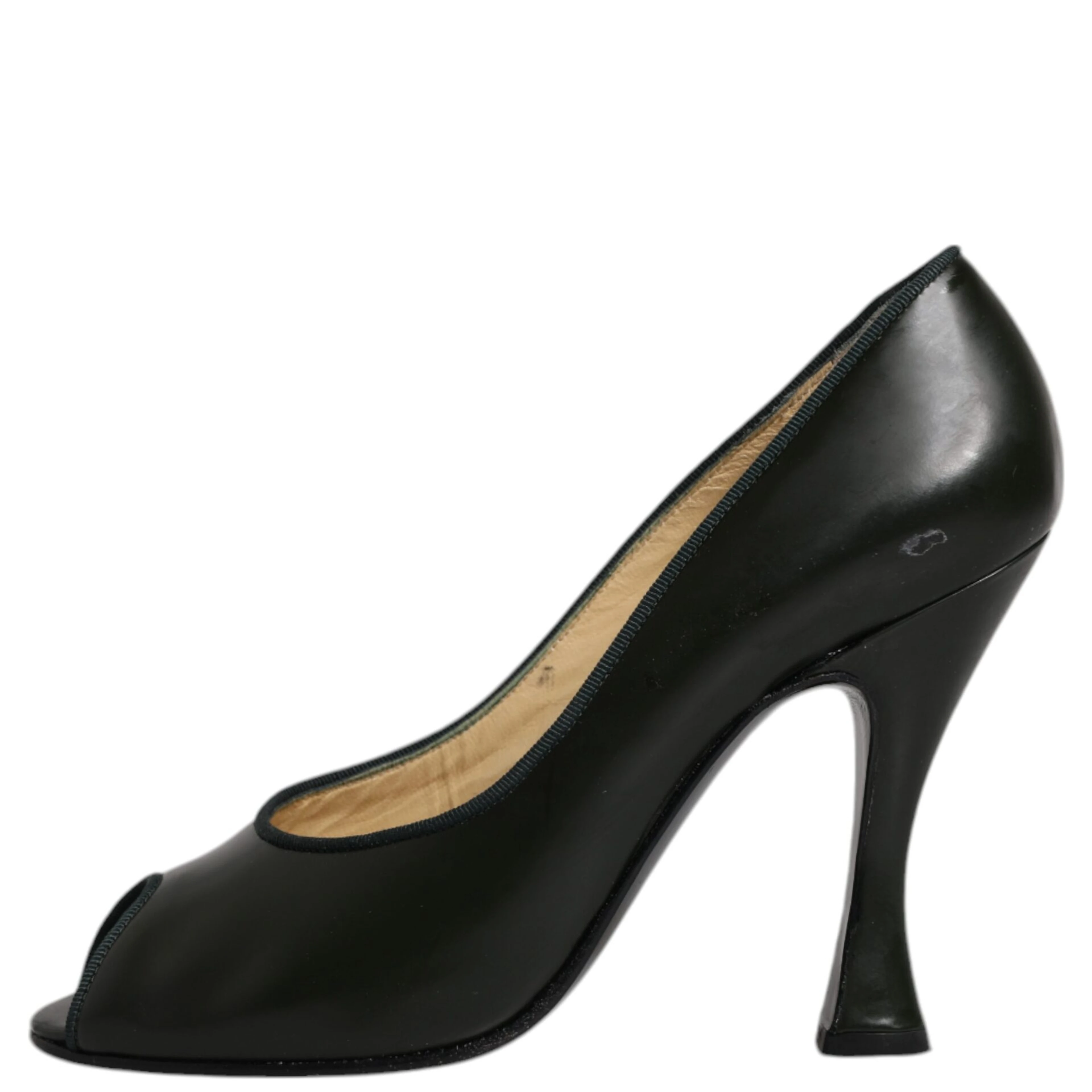 Green Leather Peep Toe Heels Pumps Shoes