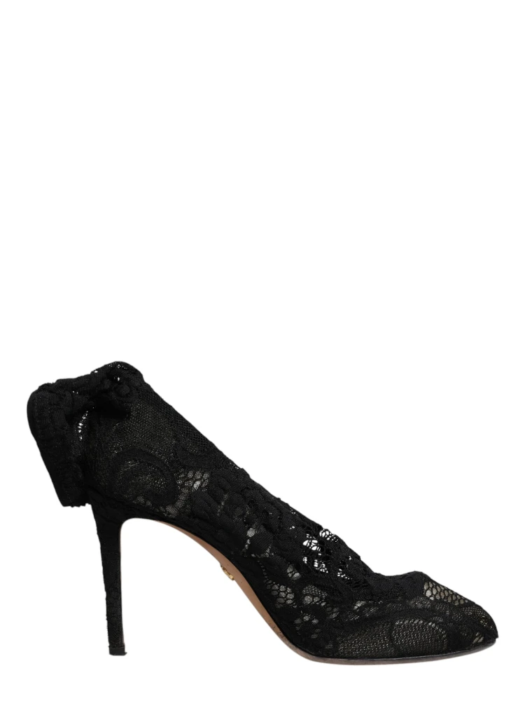 Black Lace Stretch Heels Mid Calf Boots Shoes