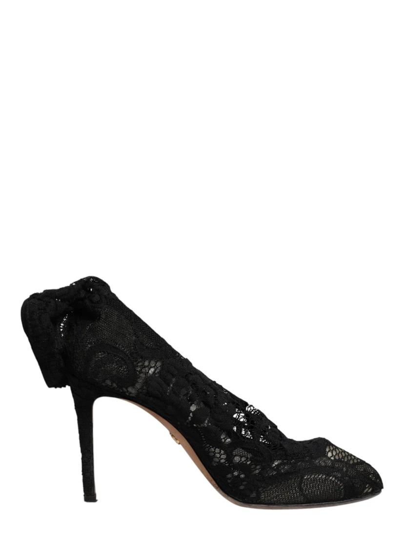 Black Lace Stretch Heels Mid Calf Boots Shoes