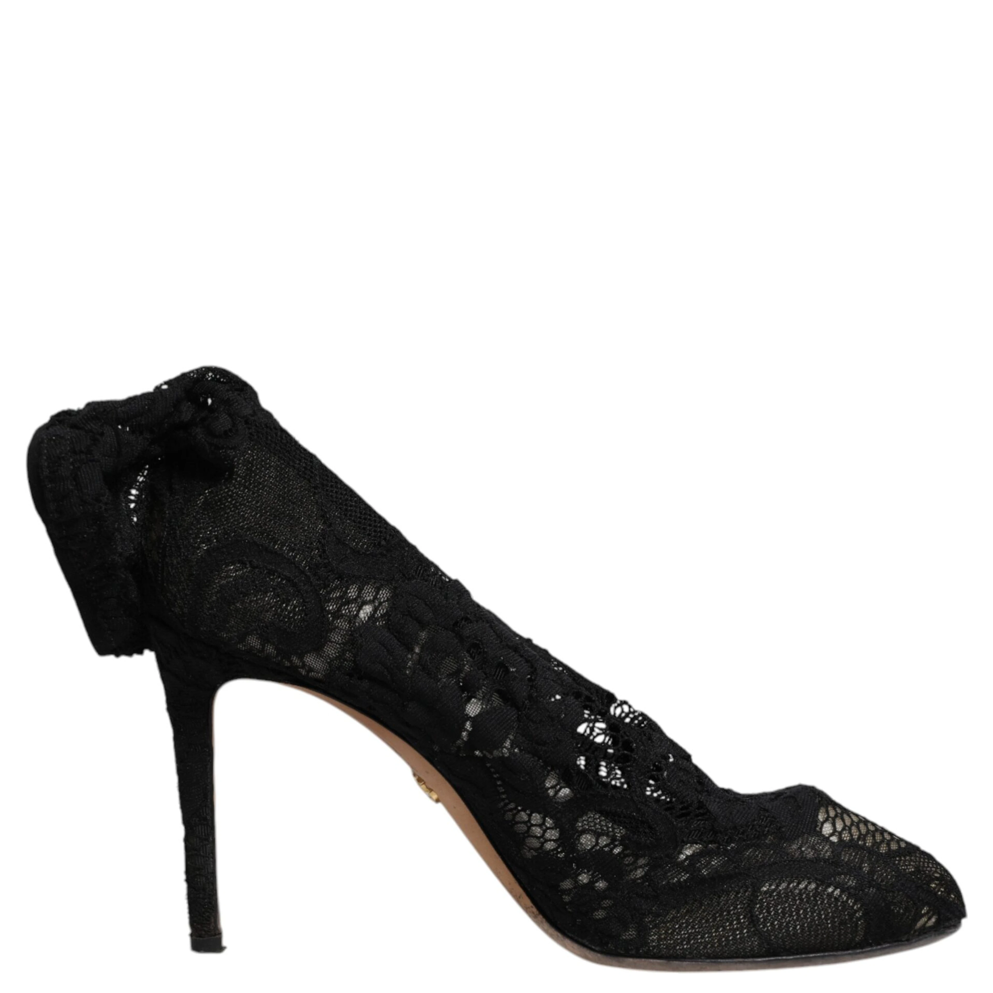 Black Lace Stretch Heels Mid Calf Boots Shoes