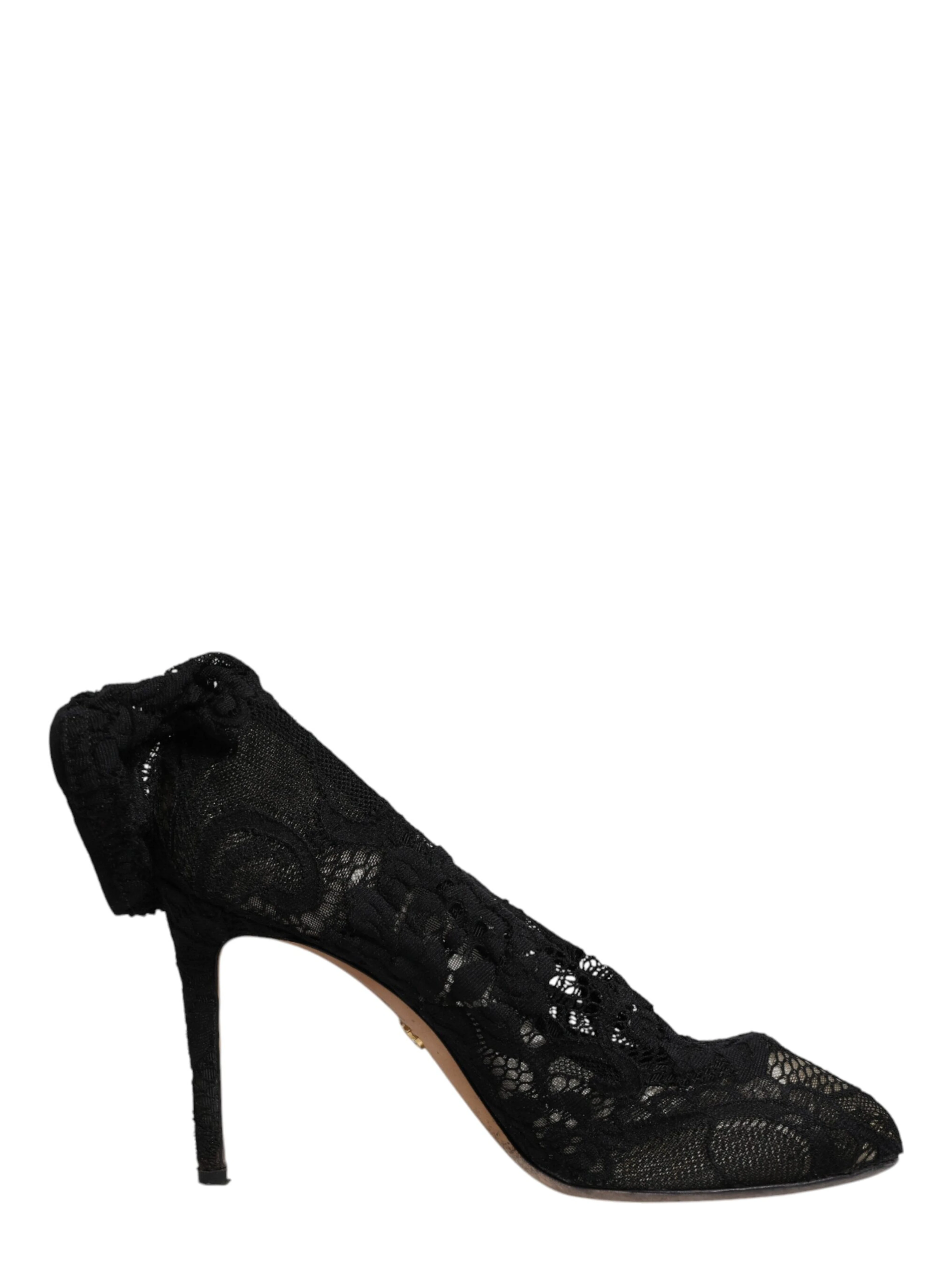 Black Lace Stretch Heels Mid Calf Boots Shoes