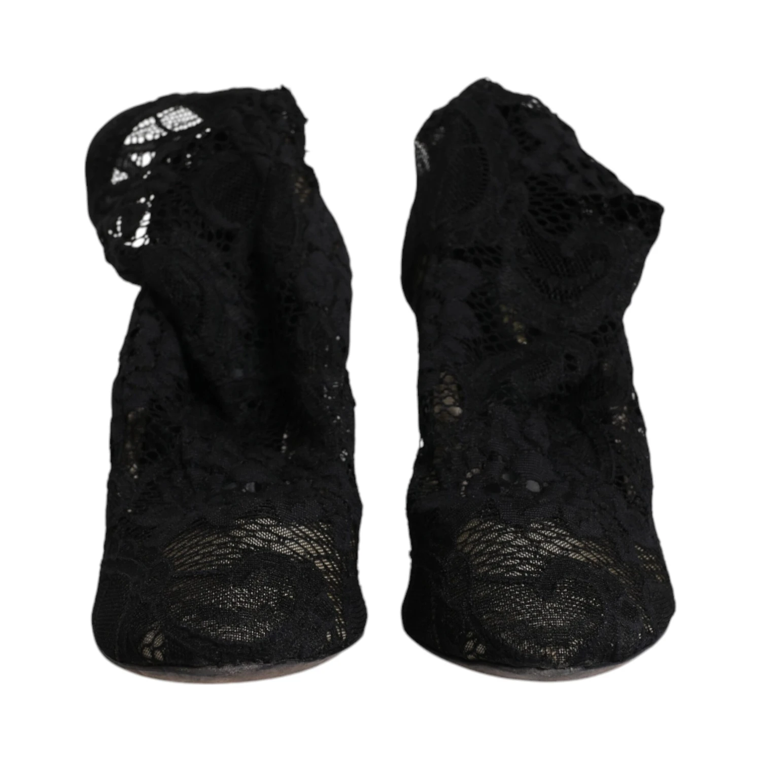 Black Lace Stretch Heels Mid Calf Boots Shoes