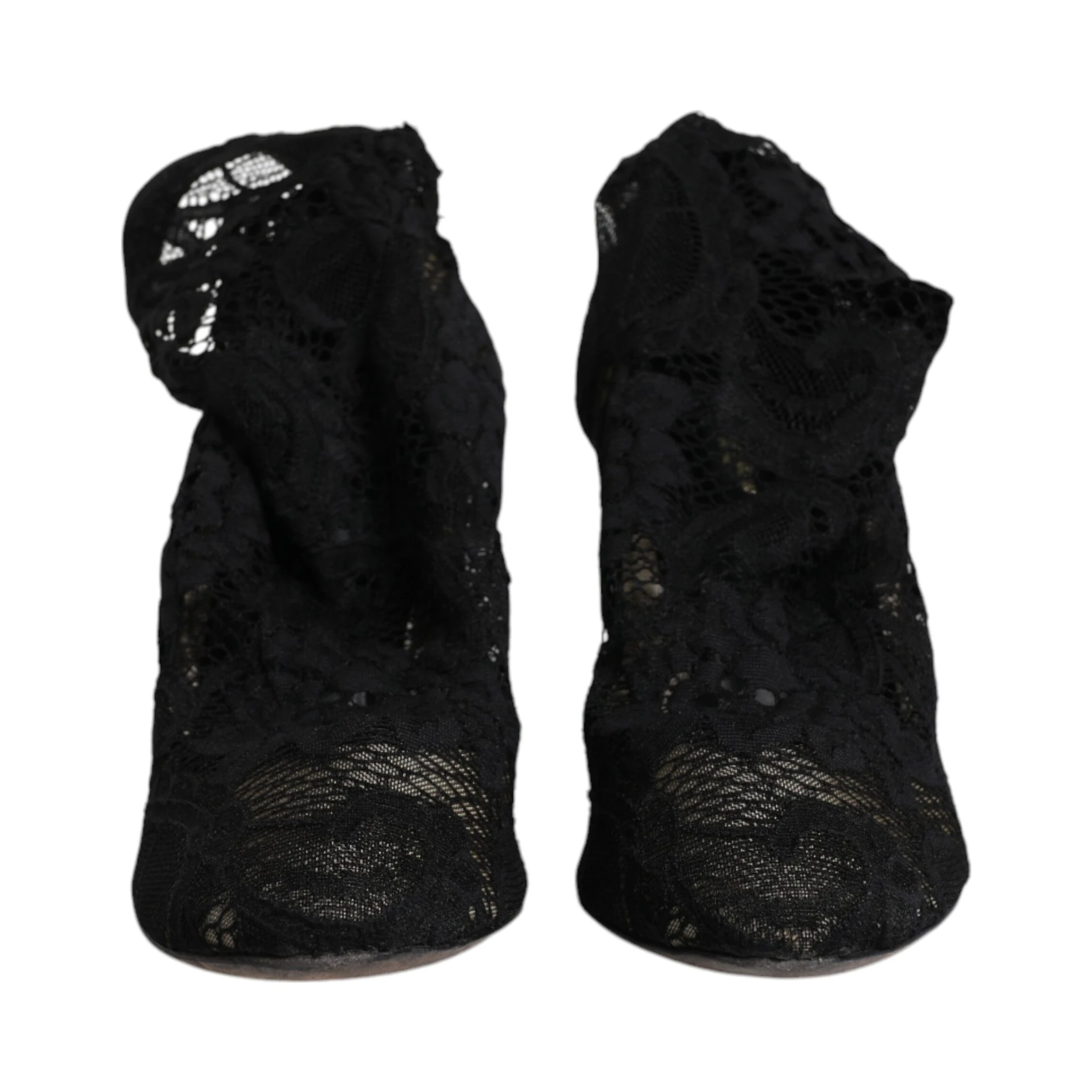 Black Lace Stretch Heels Mid Calf Boots Shoes