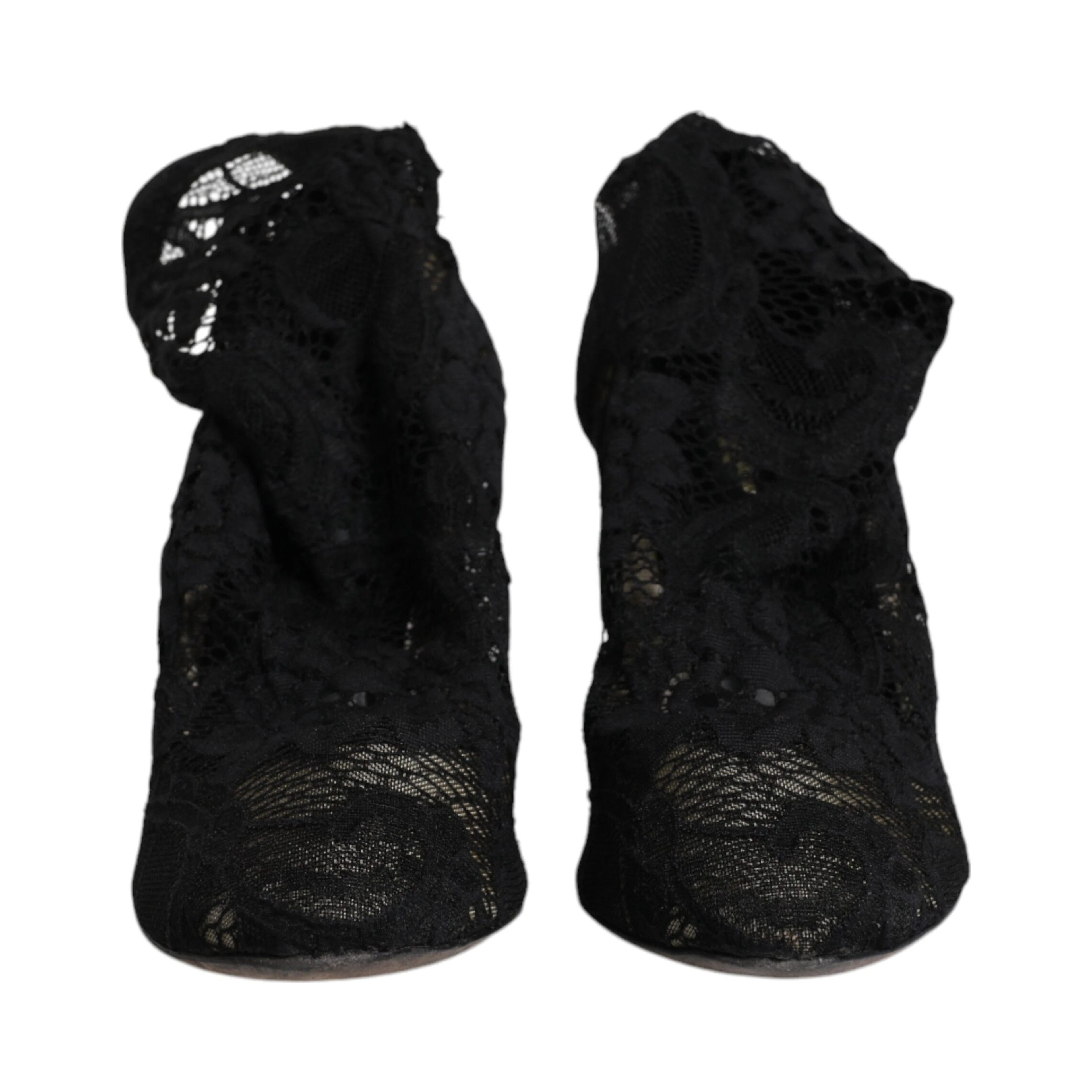 Black Lace Stretch Heels Mid Calf Boots Shoes