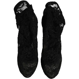 Black Lace Stretch Heels Mid Calf Boots Shoes