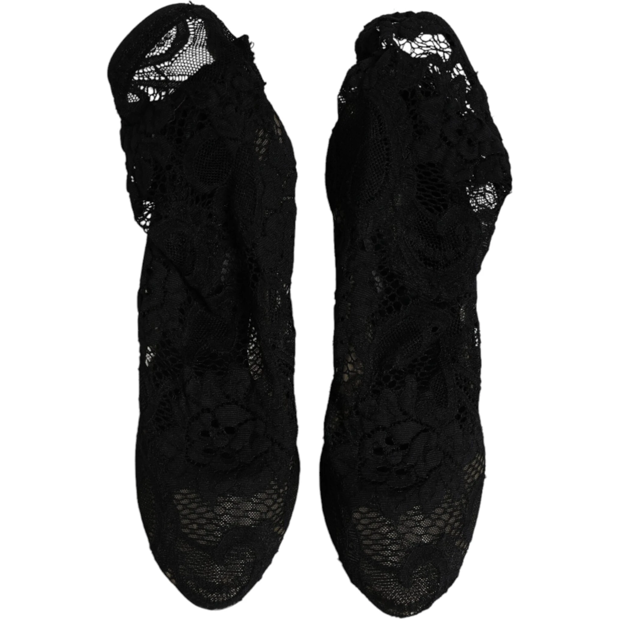 Black Lace Stretch Heels Mid Calf Boots Shoes