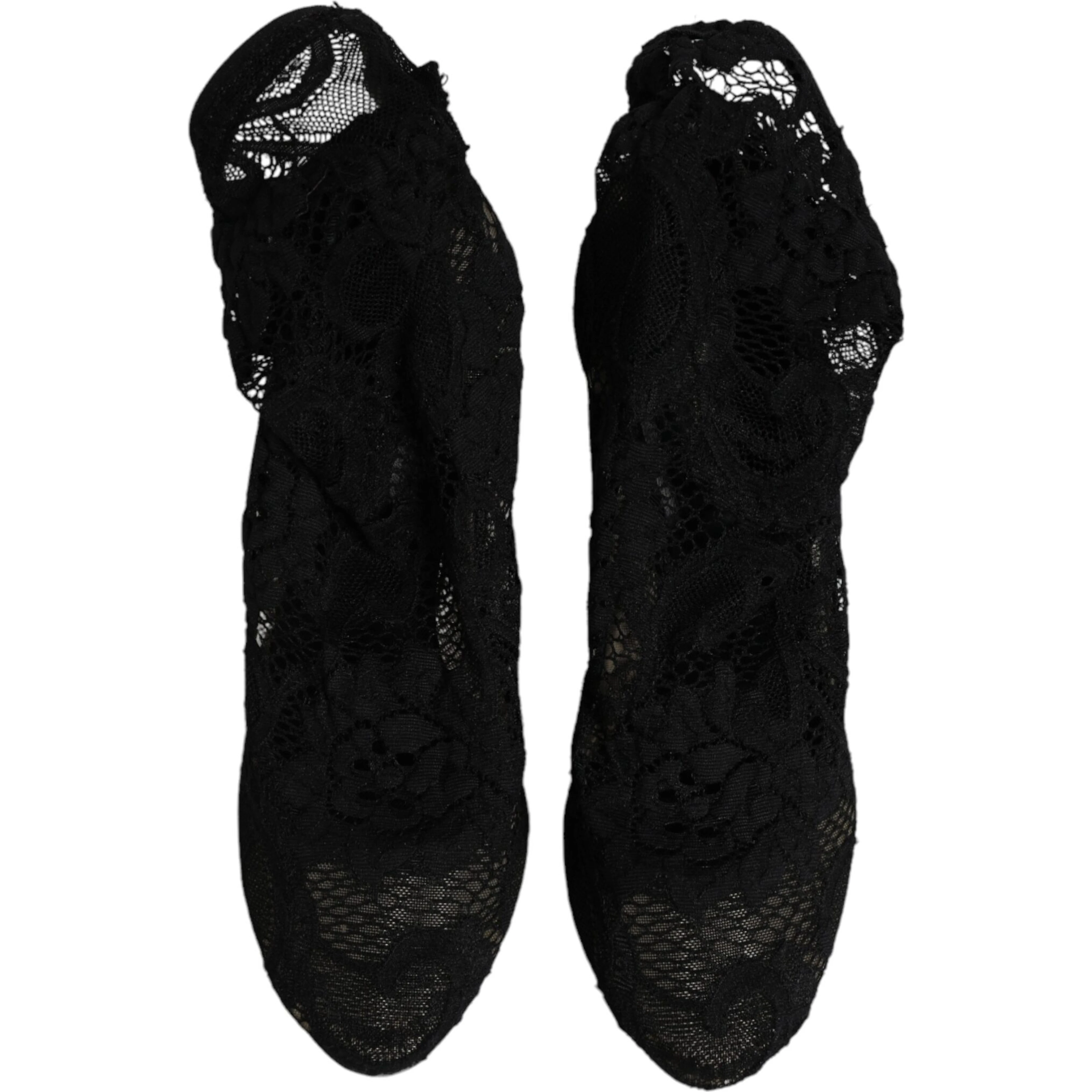 Black Lace Stretch Heels Mid Calf Boots Shoes