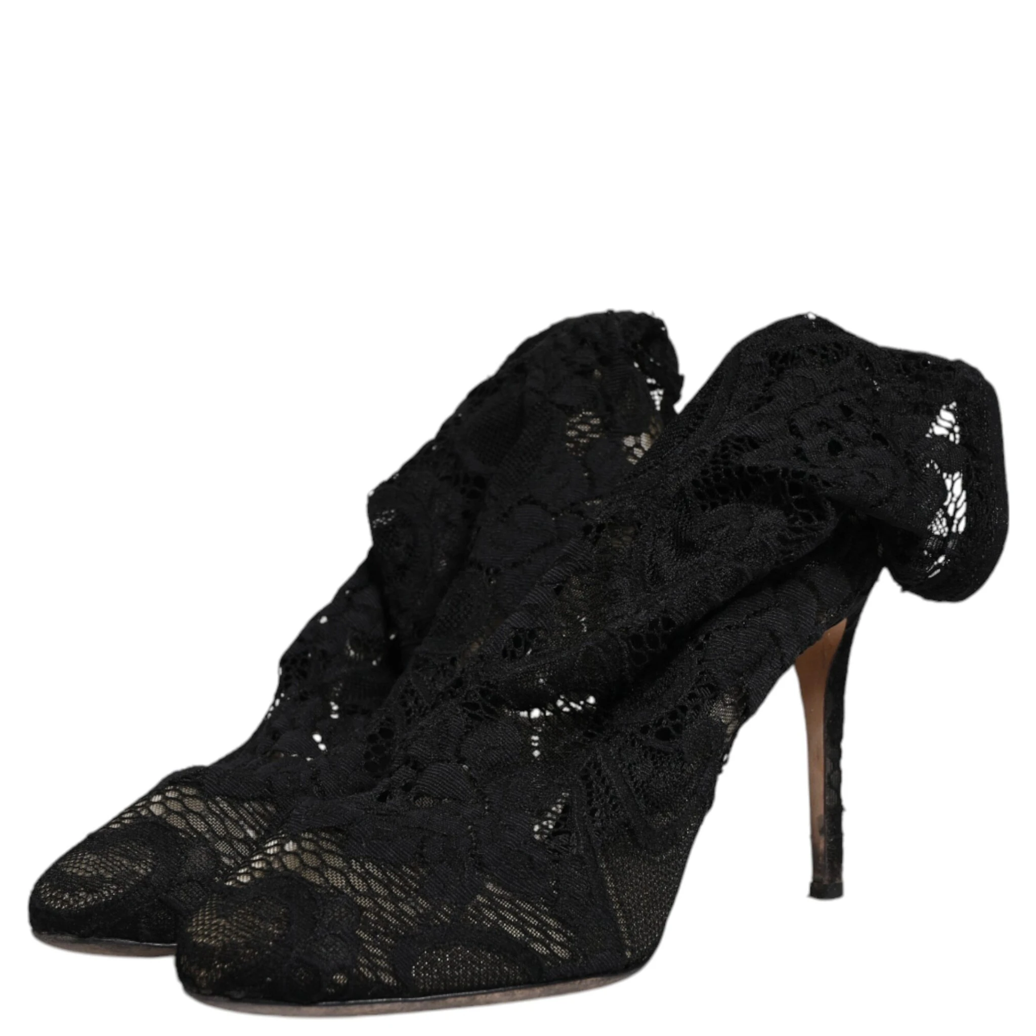 Black Lace Stretch Heels Mid Calf Boots Shoes