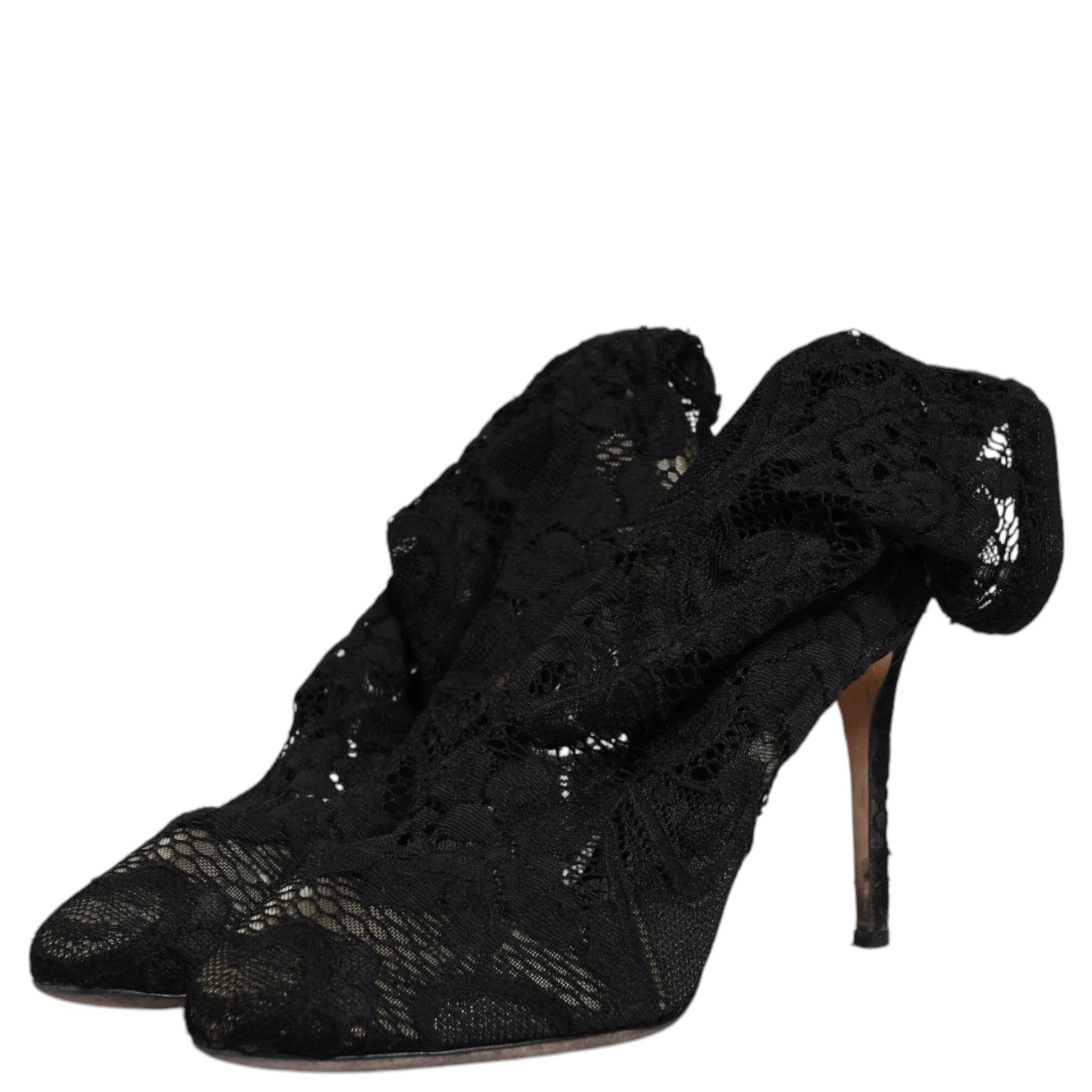Black Lace Stretch Heels Mid Calf Boots Shoes
